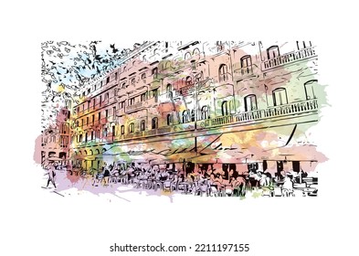Building view with landmark of Pamplona is the 
city in Spain. Watercolor splash with hand drawn sketch illustration in vector.