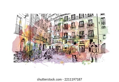 Building view with landmark of Pamplona is the 
city in Spain. Watercolor splash with hand drawn sketch illustration in vector.