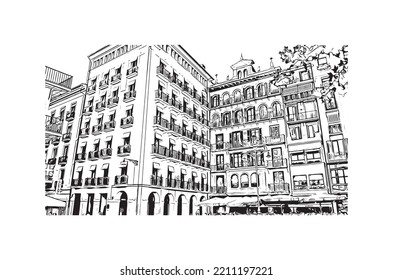Building view with landmark of Pamplona is the 
city in Spain. Hand drawn sketch illustration in vector.