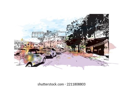 Building view with landmark of Panama City is the 
capital of Panama.
Watercolor splash with hand drawn sketch illustration in vector.