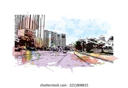 Building view with landmark of Panama City is the 
capital of Panama.
Watercolor splash with hand drawn sketch illustration in vector.