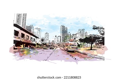 Building view with landmark of Panama City is the 
capital of Panama.
Watercolor splash with hand drawn sketch illustration in vector.