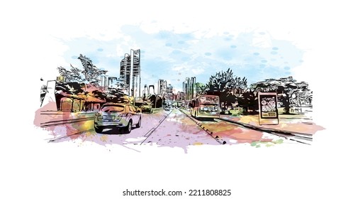 Building view with landmark of Panama City is the 
capital of Panama.
Watercolor splash with hand drawn sketch illustration in vector.