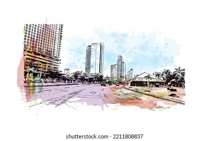 Building view with landmark of Panama City is the 
capital of Panama.
Watercolor splash with hand drawn sketch illustration in vector.