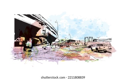 Building view with landmark of Panama City is the 
capital of Panama.
Watercolor splash with hand drawn sketch illustration in vector.