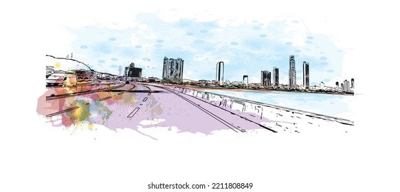 Building view with landmark of Panama City is the 
capital of Panama.
Watercolor splash with hand drawn sketch illustration in vector.