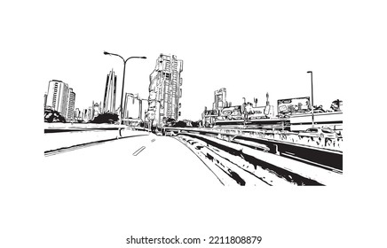 Building view with landmark of Panama City is the 
capital of Panama.
Hand drawn sketch illustration in vector.