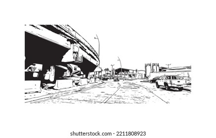 Building view with landmark of Panama City is the 
capital of Panama.
Hand drawn sketch illustration in vector.