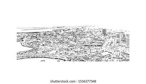Building view with landmark of Panama is a country on the isthmus linking Central and South America. Hand drawn sketch illustration in vector.
