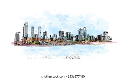 Building view with landmark of Panama is a country on the isthmus linking Central and South America. Watercolor splash with Hand drawn sketch illustration in vector.