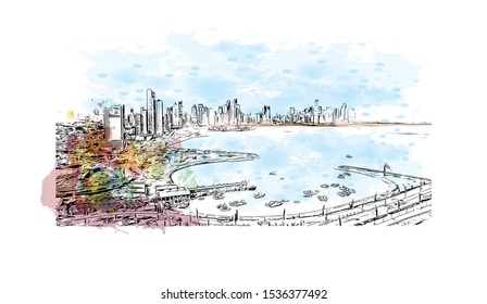 Building view with landmark of Panama is a country on the isthmus linking Central and South America. Watercolor splash with Hand drawn sketch illustration in vector.