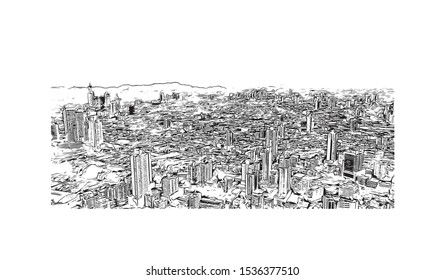 Building view with landmark of Panama is a country on the isthmus linking Central and South America. Hand drawn sketch illustration in vector.