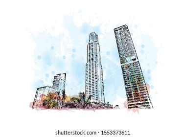 Building view with landmark of Panama is a country on the isthmus linking Central and South America. Watercolor splash with Hand drawn sketch illustration in vector.
