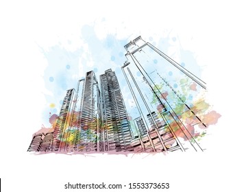 Building view with landmark of Panama is a country on the isthmus linking Central and South America. Watercolor splash with Hand drawn sketch illustration in vector.