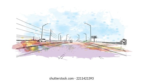 Building view with landmark of Panama is the 
country in Central America. Watercolor splash with hand drawn sketch illustration in vector.