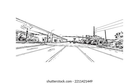 Building view with landmark of Panama is the 
country in Central America. Hand drawn sketch illustration in vector.