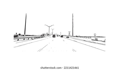 Building view with landmark of Panama is the 
country in Central America. Hand drawn sketch illustration in vector.
