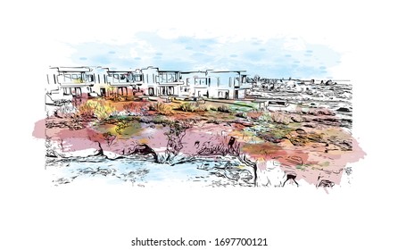 Building view with landmark of Paphos is a city on the southwest coast of the Mediterranean island of Cyprus. Watercolor splash with  Hand drawn sketch illustration in vector.