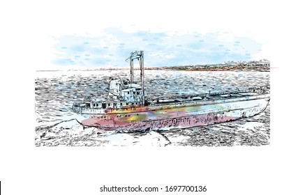 Building view with landmark of Paphos is a city on the southwest coast of the Mediterranean island of Cyprus. Watercolor splash with  Hand drawn sketch illustration in vector.