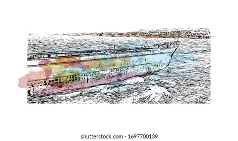 Building view with landmark of Paphos is a city on the southwest coast of the Mediterranean island of Cyprus. Watercolor splash with  Hand drawn sketch illustration in vector.