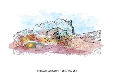 Building view with landmark of Paphos is a city on the southwest coast of the Mediterranean island of Cyprus. Watercolor splash with  Hand drawn sketch illustration in vector.