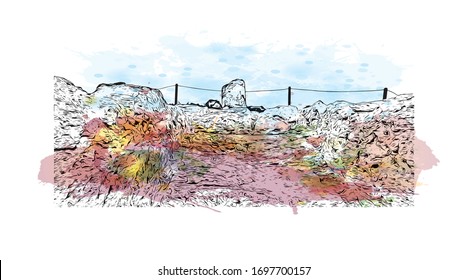 Building view with landmark of Paphos is a city on the southwest coast of the Mediterranean island of Cyprus. Watercolor splash with  Hand drawn sketch illustration in vector.