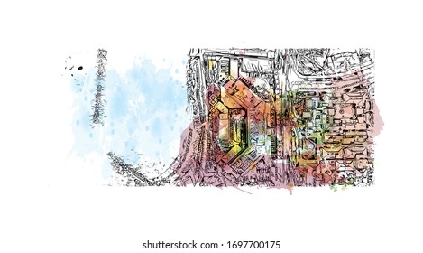 Building view with landmark of Paphos is a city on the southwest coast of the Mediterranean island of Cyprus. Watercolor splash with  Hand drawn sketch illustration in vector.