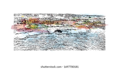 Building view with landmark of Paphos is a city on the southwest coast of the Mediterranean island of Cyprus. Watercolor splash with  Hand drawn sketch illustration in vector.