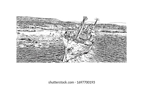 Building view with landmark of Paphos is a city on the southwest coast of the Mediterranean island of Cyprus. Hand drawn sketch illustration in vector.