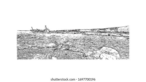 Building view with landmark of Paphos is a city on the southwest coast of the Mediterranean island of Cyprus. Hand drawn sketch illustration in vector.