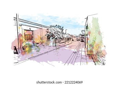 Building view with landmark of Paphos is the city in Cyprus.
Watercolor splash with hand drawn sketch illustration in vector.