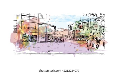 Building view with landmark of Paphos is the city in Cyprus.
Watercolor splash with hand drawn sketch illustration in vector.