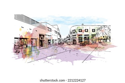 Building view with landmark of Paphos is the city in Cyprus.
Watercolor splash with hand drawn sketch illustration in vector.