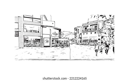 Building view with landmark of Paphos is the city in Cyprus.
Hand drawn sketch illustration in vector.