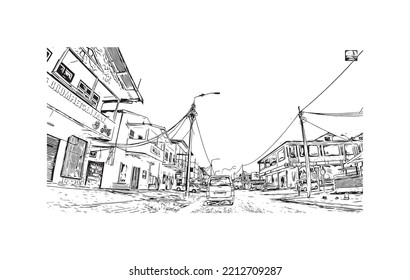Building view with landmark of Paramaribo is the capital city in Suriname. Hand drawn sketch illustration in vector.