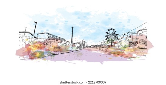 Die Stadt Suriname ist die Hauptstadt von Suriname. Aquarellspritzer mit handgezeichneter Skizzengrafik in Vektorgrafik.