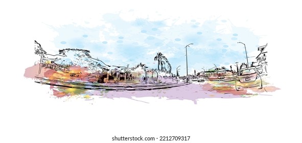 Building view with landmark of Paramaribo is the capital city in Suriname. Watercolor splash with hand drawn sketch illustration in vector.
