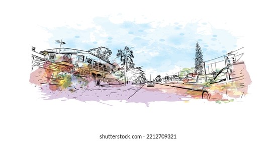 Building view with landmark of Paramaribo is the capital city in Suriname. Watercolor splash with hand drawn sketch illustration in vector.