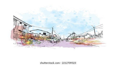 Construir vistas con un punto de referencia de Paramaribo es la capital de Surinam. Salto de color de agua con ilustración de esbozo dibujada a mano en vector.