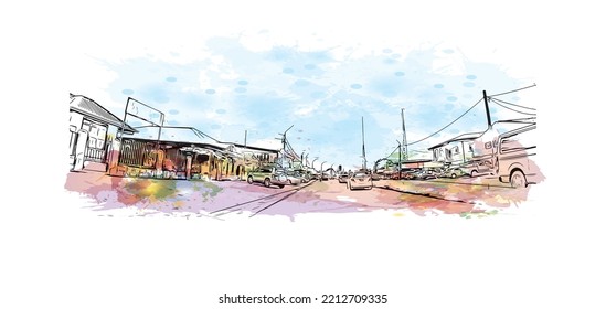 Construir vistas con un punto de referencia de Paramaribo es la capital de Surinam. Salto de color de agua con ilustración de esbozo dibujada a mano en vector.