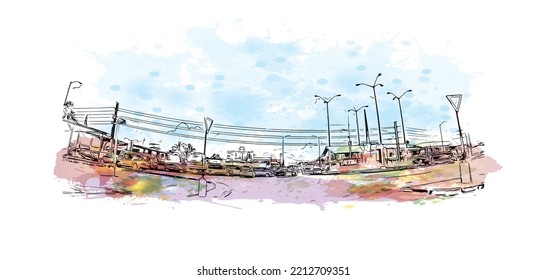 Building view with landmark of Paramaribo is the capital city in Suriname. Watercolor splash with hand drawn sketch illustration in vector.