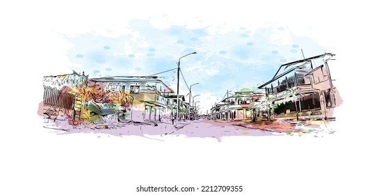 Building view with landmark of Paramaribo is the capital city in Suriname. Watercolor splash with hand drawn sketch illustration in vector.