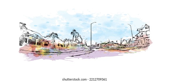 Building view with landmark of Paramaribo is the capital city in Suriname. Watercolor splash with hand drawn sketch illustration in vector.