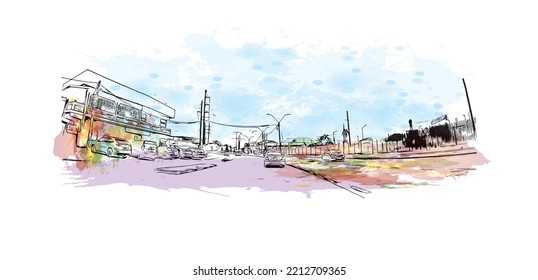 Construir vistas con un punto de referencia de Paramaribo es la capital de Surinam. Salto de color de agua con ilustración de esbozo dibujada a mano en vector.