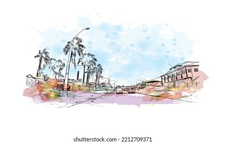 Building view with landmark of Paramaribo is the capital city in Suriname. Watercolor splash with hand drawn sketch illustration in vector.