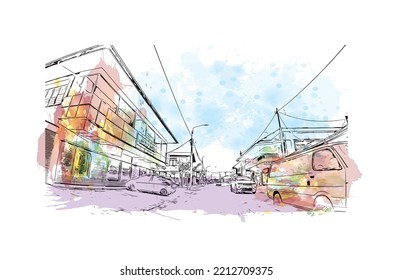 Building view with landmark of Paramaribo is the capital city in Suriname. Watercolor splash with hand drawn sketch illustration in vector.