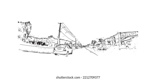 Building view with landmark of Paramaribo is the capital city in Suriname. Hand drawn sketch illustration in vector.