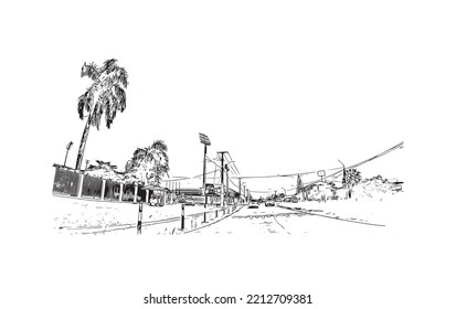 Building view with landmark of Paramaribo is the capital city in Suriname. Hand drawn sketch illustration in vector.