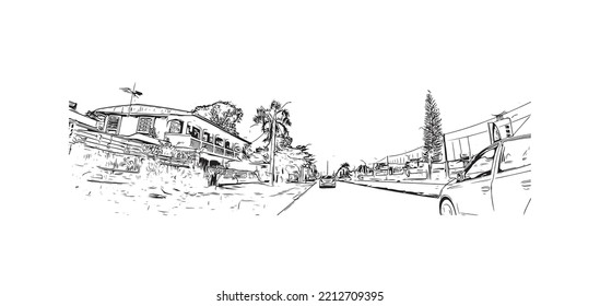 Building view with landmark of Paramaribo is the capital city in Suriname. Hand drawn sketch illustration in vector.