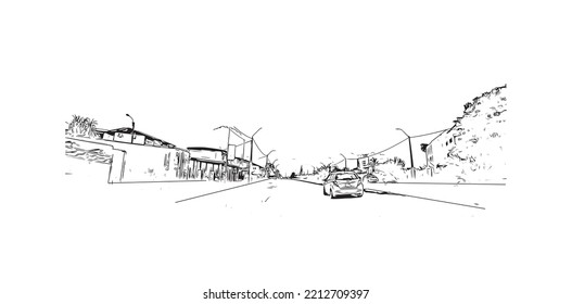 Building view with landmark of Paramaribo is the capital city in Suriname. Hand drawn sketch illustration in vector.